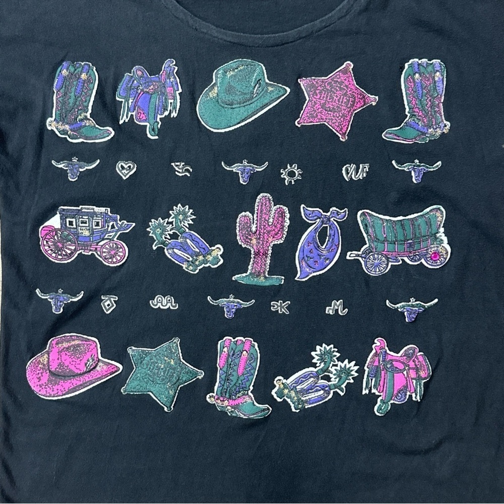 Vintage Western Cowboy Cowgirl Themed T-shirt Puff Purple Pink & Green Design - Picture 2 of 6